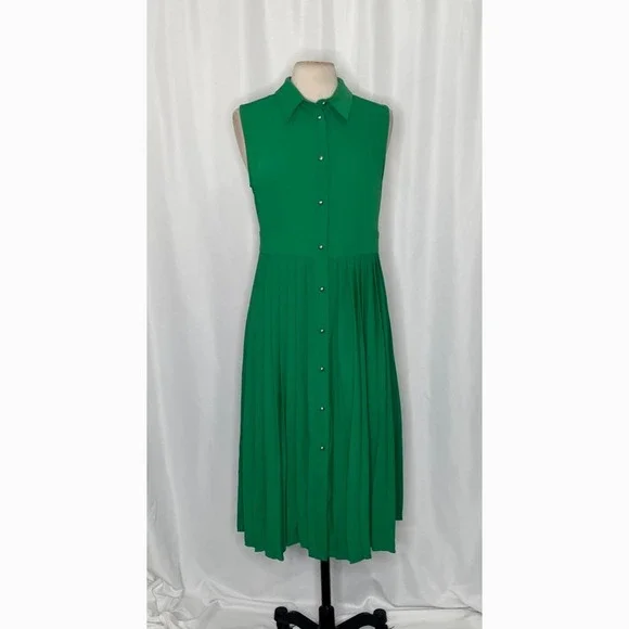 NWT!! KAREN MILLEN Soft Tailored Pleated Sleeveless Shirt Dress Solid Green US 8 - Picture 3 of 16